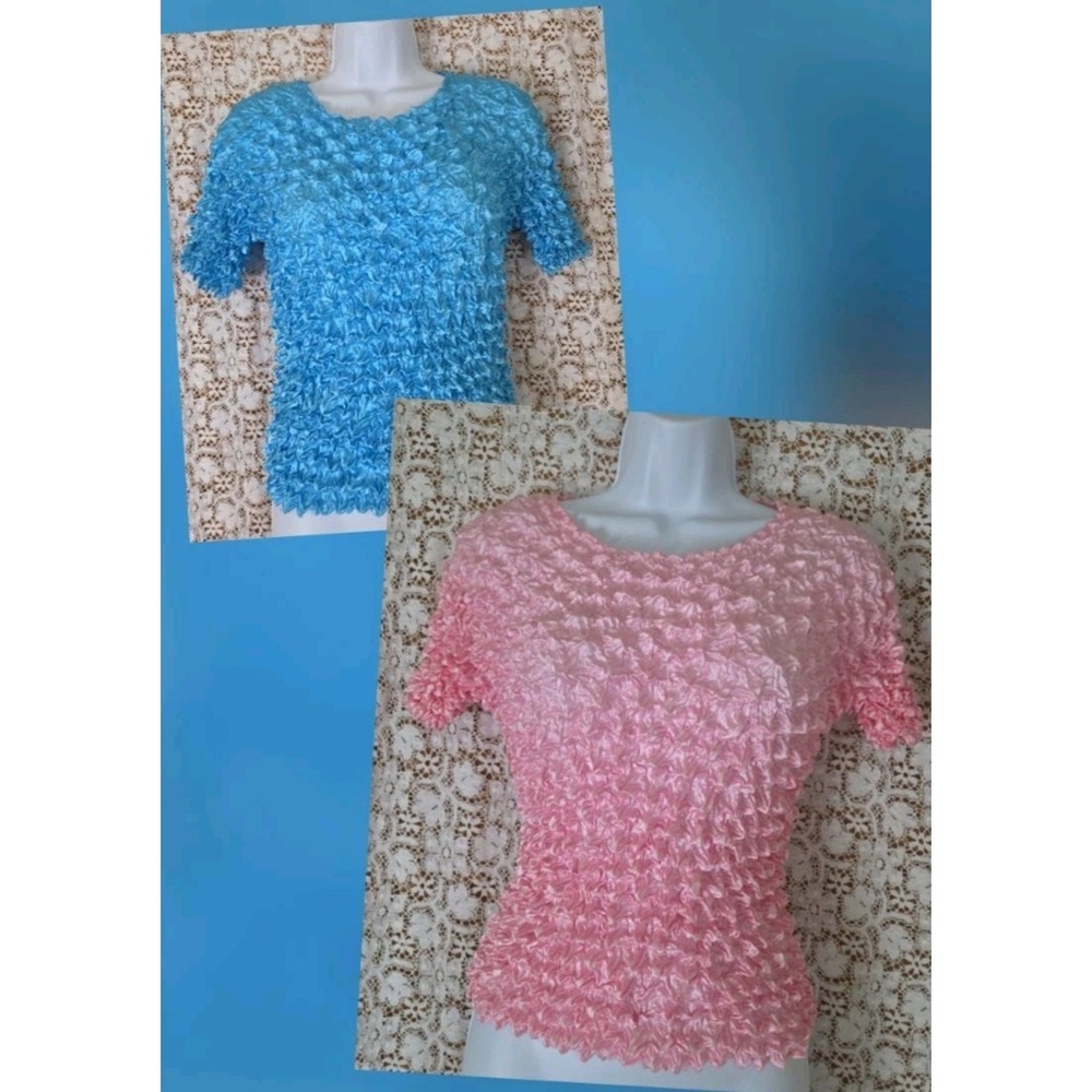 Lot of 2 Popcorn Tops Solid Blue/Pink One Size F M Crinkle Bubble Stretch Y2K